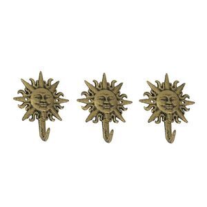 Set of 3 Cast Iron Gold Sun Face Decorative Wall Hooks Towel Coat Hanger Rack